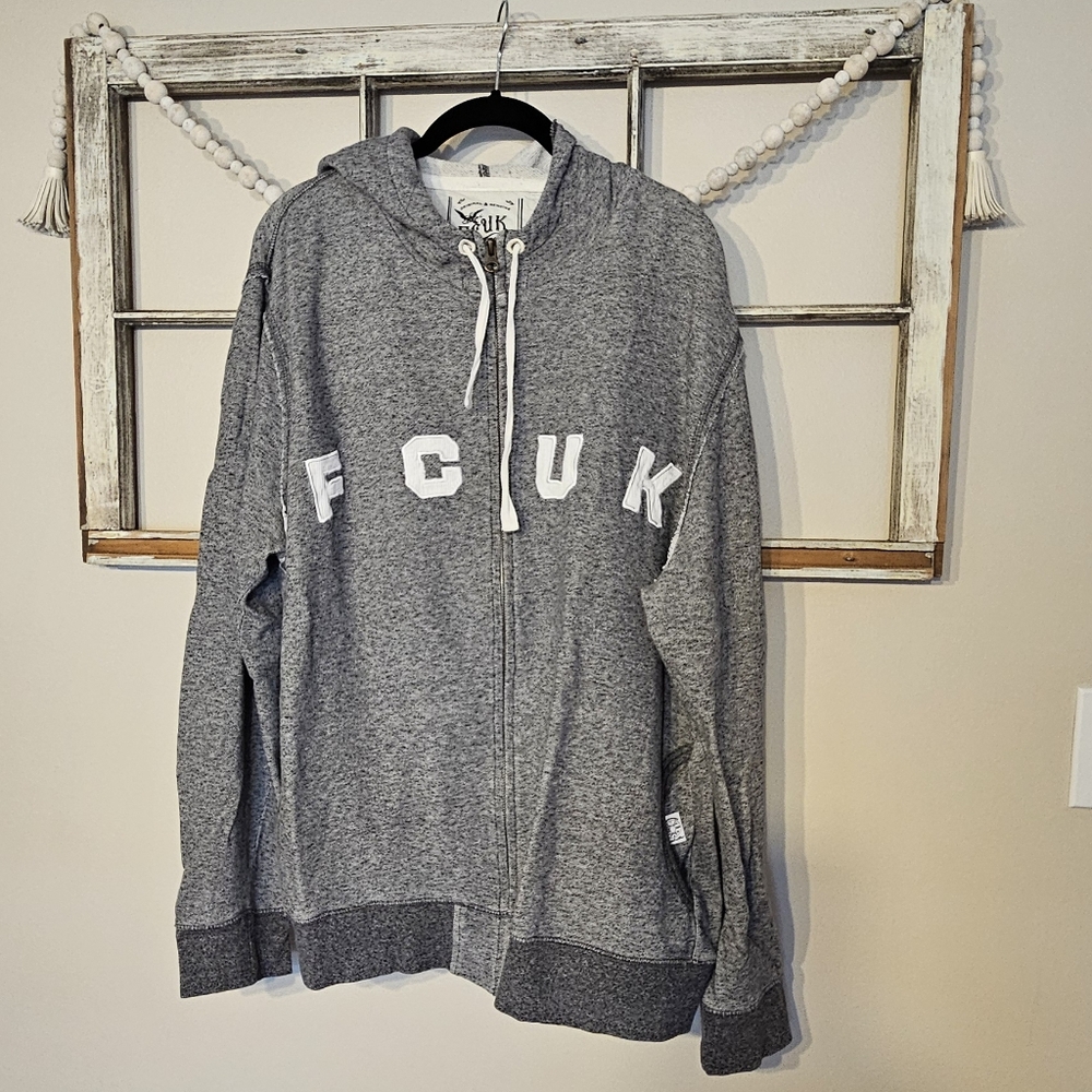 French Connection United Kingdom FCUK Zip-Up Hoodie Sweater Gray Men's XL EUC